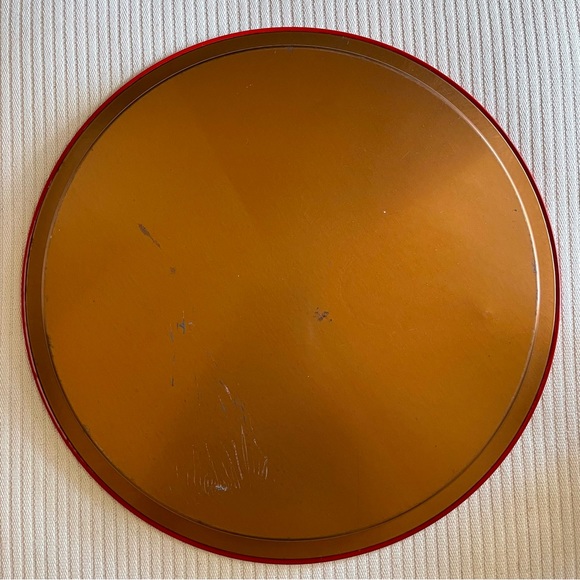 Vintage Mid Century Round Metal Holiday Christmas Tray Poinsettia and Ribbon - Picture 5 of 7